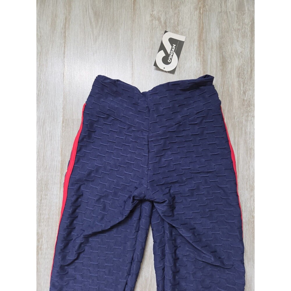NWT Canoan Anti Cellulite Scrunch Bum Leggings Navy Red White Stripe Textured M - Picture 2 of 10